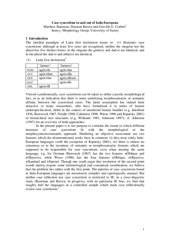 (PDF) Case Syncretism in and out of IndoEuropean Dunstan Brown