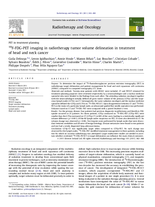 (PDF) 18F-FDG-PET imaging in radiotherapy tumor volume delineation in ...