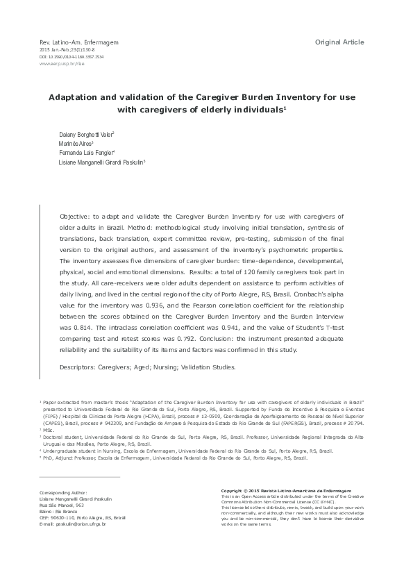 (PDF) Adaptation and validation of the Caregiver Burden Inventory for ...