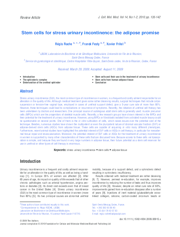 (PDF) Stem cells for stress urinary incontinence: the adipose promise