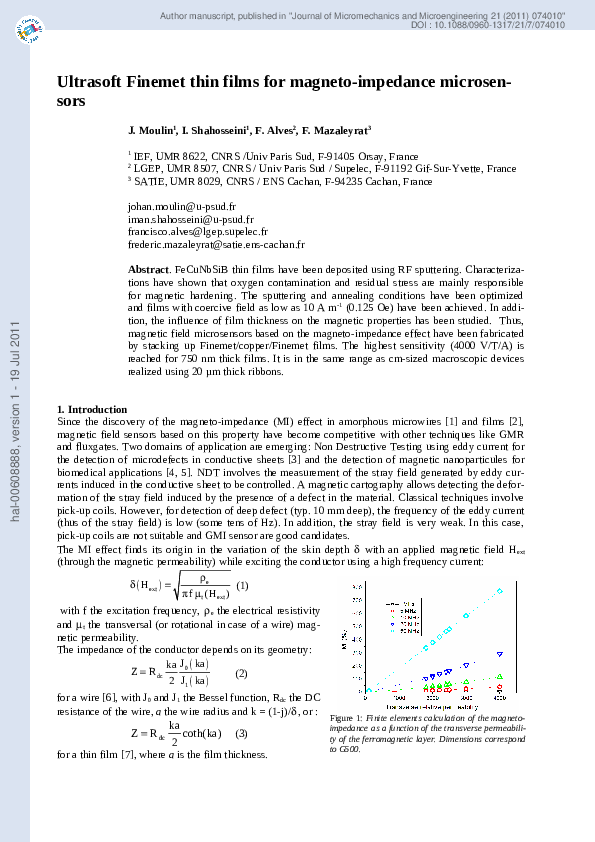 (PDF) Ultrasoft Finemet thin films for magneto-impedance microsensors