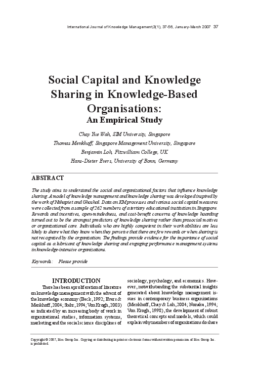 (PDF) Social Capital and Knowledge Sharing in Knowledge-Based Organisations