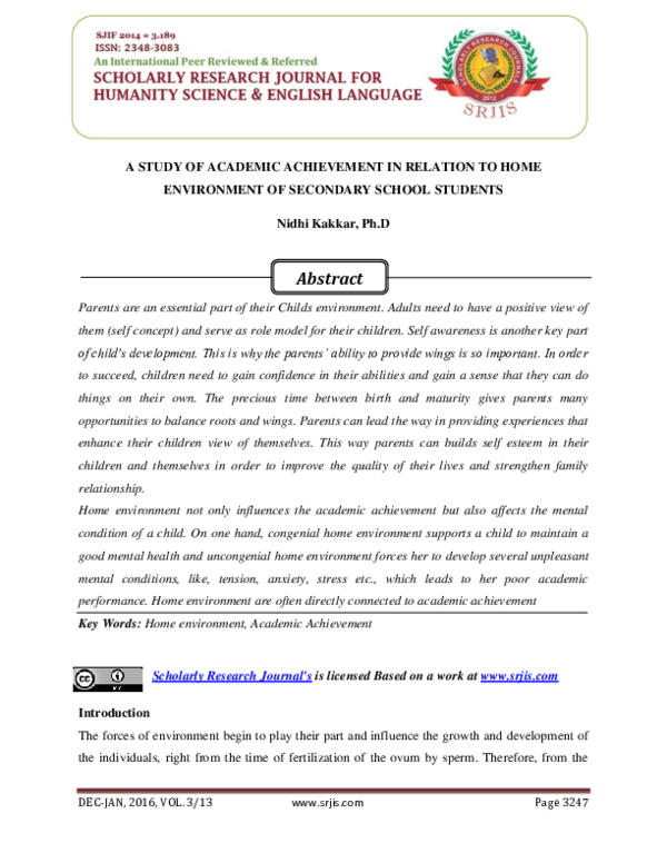 Pdf A Study Of Academic Achievement In Relation To Home Environment Pdf A Study Of Academic Achievement In Relation To Home Environment