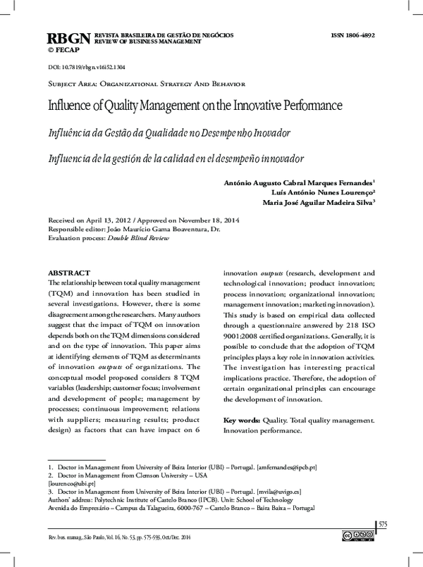 (PDF) Influence of Quality Management on the Innovative Performance
