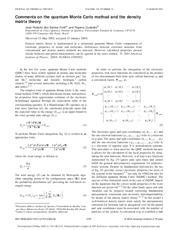 (PDF) Comments on the quantum Monte Carlo method and the density matrix ...