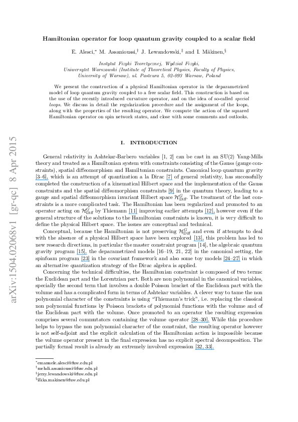(PDF) Hamiltonian operator for loop quantum gravity coupled to a scalar ...