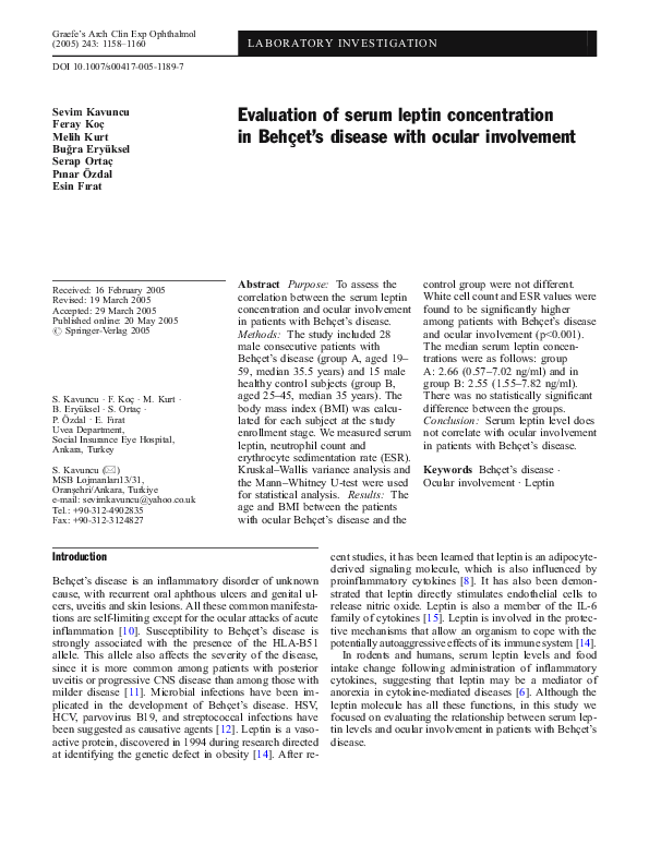 (PDF) Evaluation of serum leptin concentration in Behçet’s disease with ...