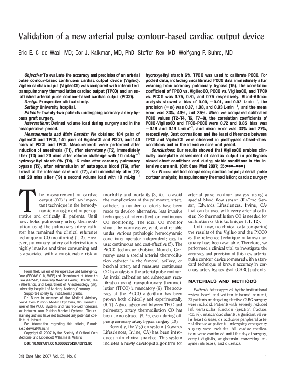 (PDF) Validation of a new arterial pulse contour-based cardiac output ...