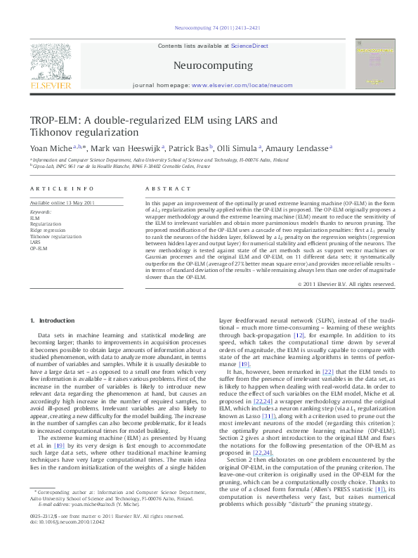 (PDF) TROP-ELM: A double-regularized ELM using LARS and Tikhonov ...