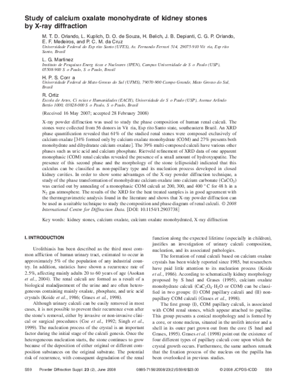 (PDF) Study of calcium oxalate monohydrate of kidney stones by Xray diffraction H. Belich