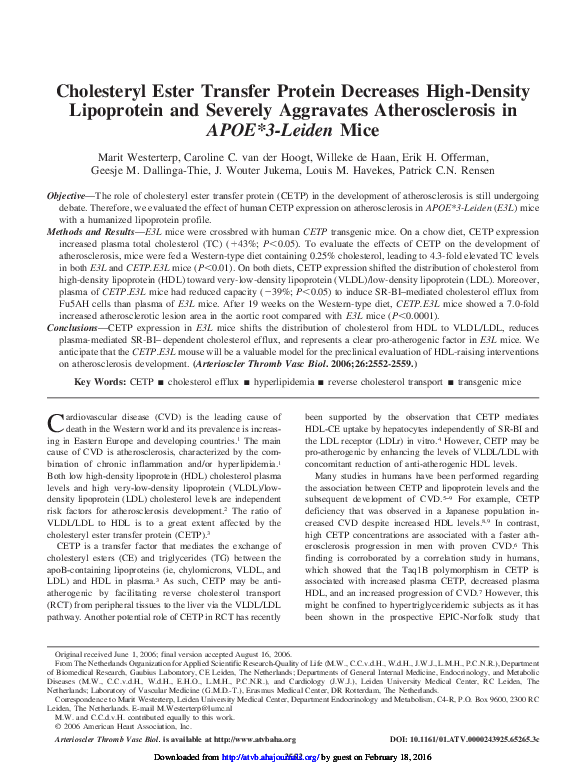 (PDF) Cholesteryl Ester Transfer Protein Decreases High-Density ...