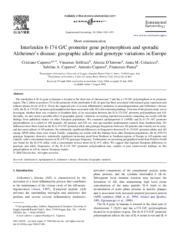 (PDF) Interleukin 6-174 G/C promoter gene polymorphism and sporadic ...