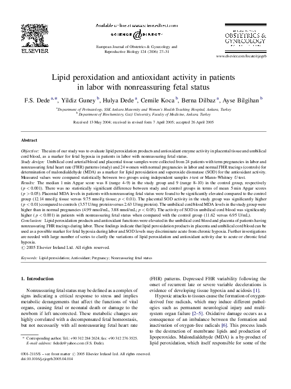 (PDF) Lipid peroxidation and antioxidant activity in patients in labor ...
