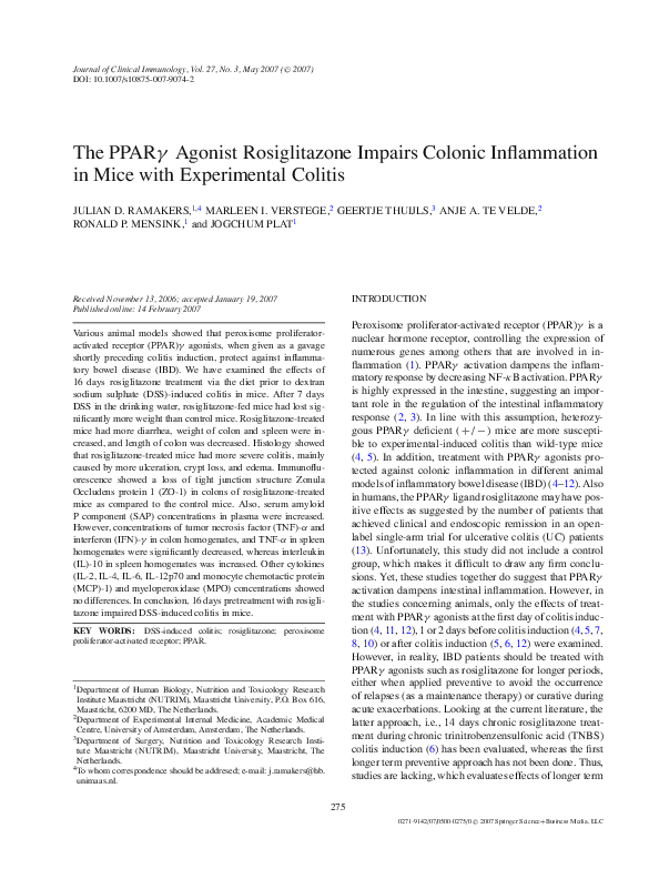 (PDF) The PPARγ Agonist Rosiglitazone Impairs Colonic Inflammation in ...
