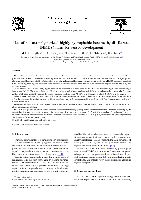 (PDF) Use of plasma polymerized highly hydrophobic ...