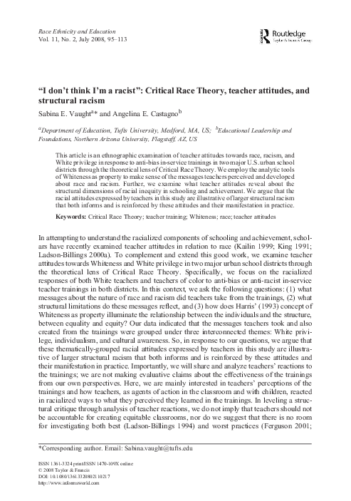 (PDF) “I don't think I'm a racist”: Critical Race Theory, teacher ...