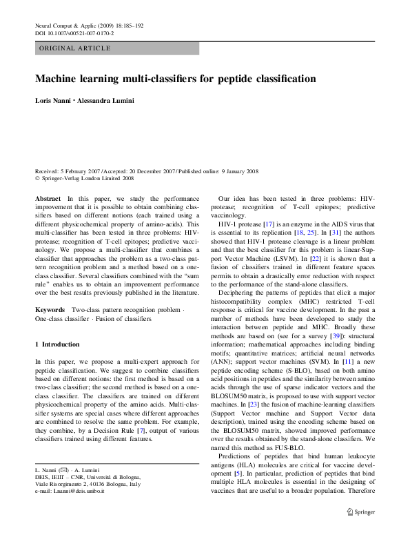 (PDF) Machine learning multi-classifiers for peptide classification