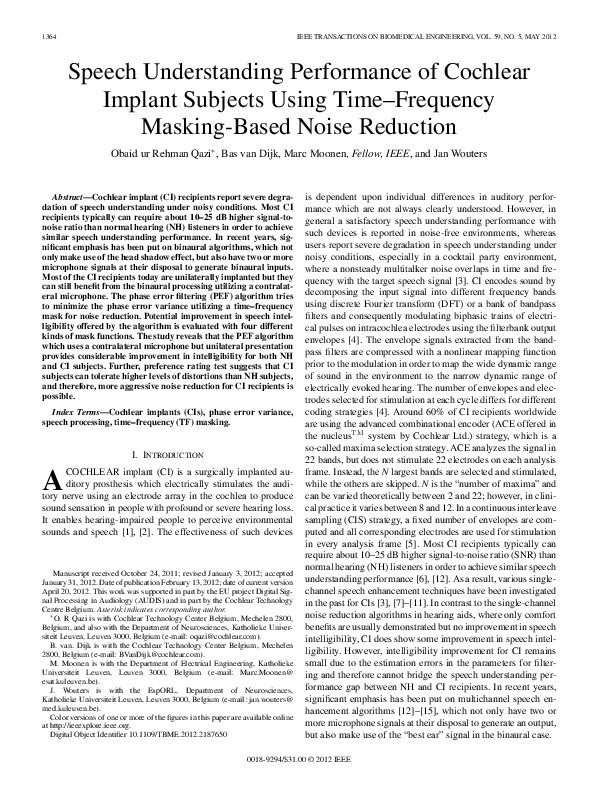 (PDF) Speech Understanding Performance of Cochlear Implant Subjects ...