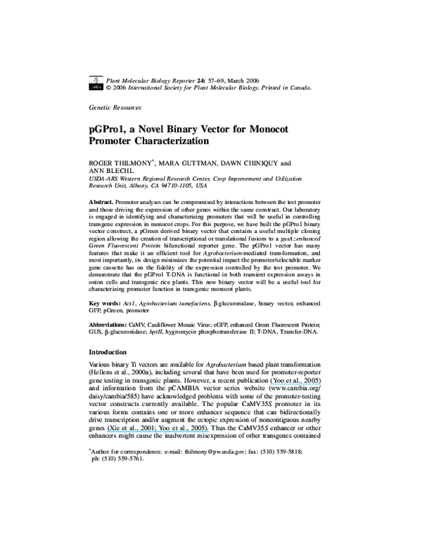 (PDF) pGPro1, a novel binary vector for monocot promoter characterization