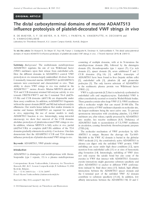 (PDF) The distal carboxyterminal domains of murine ADAMTS13 influence ...