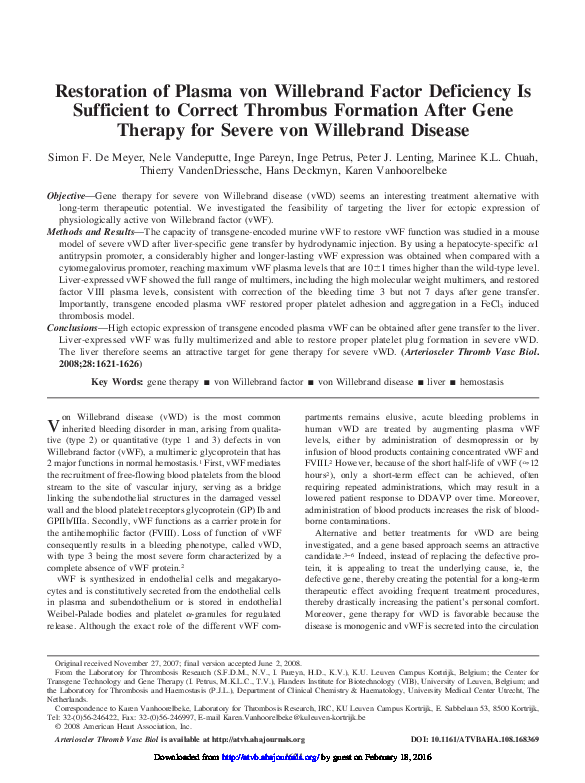 (PDF) Restoration of Plasma von Willebrand Factor Deficiency Is ...