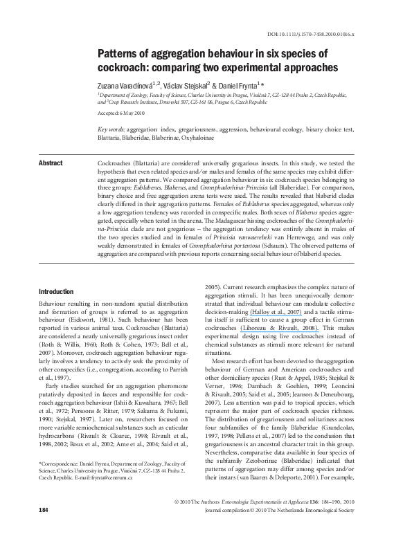 (PDF) Patterns of aggregation behaviour in six species of cockroach ...