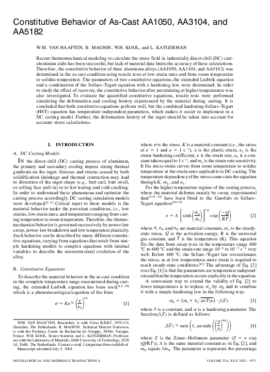 (PDF) Constitutive behavior of as-cast AA1050, AA3104, and AA5182