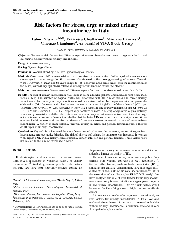 (PDF) Risk factors for stress, urge or mixed urinary incontinence in