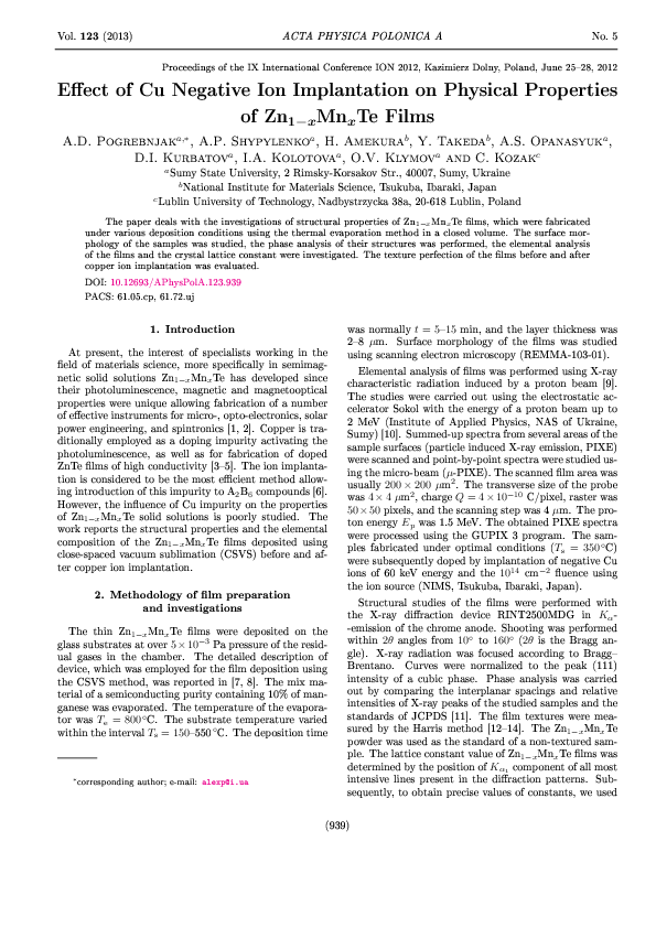 (PDF) ACTA PHYSICA POLONICA A Eect of Cu Negative Ion Implantation on