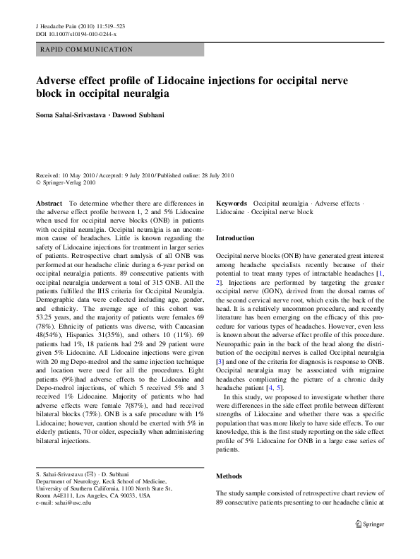 (PDF) Adverse effect profile of Lidocaine injections for occipital