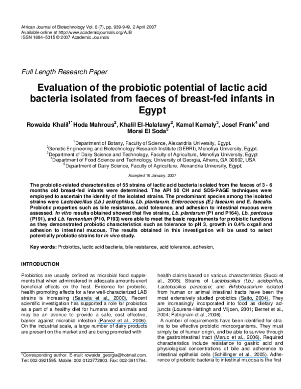 (PDF) Evaluation of the probiotic potential of lactic acid bacteria ...