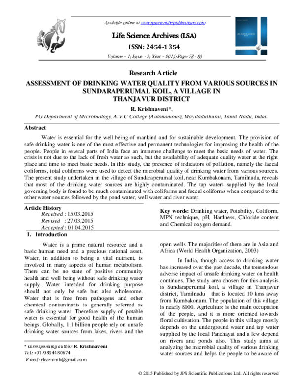 (PDF) ASSESSMENT OF DRINKING WATER QUALITY FROM VARIOUS SOURCES IN ...