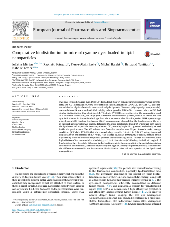 Comparative biodistribution in mice of cyanine dyes loaded in lipid ...