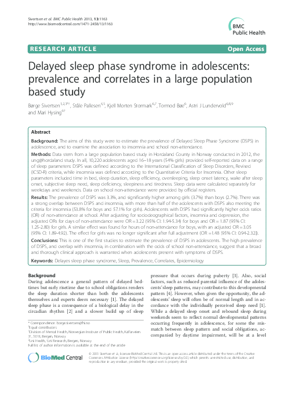 (PDF) Delayed sleep phase syndrome in adolescents: prevalence and ...