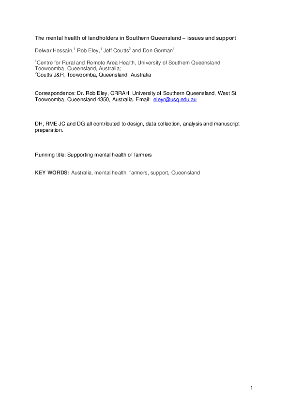 (PDF) Mental health of farmers in Southern Queensland: Issues and support