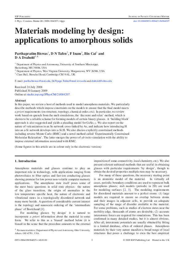 (PDF) Materials modeling by design applications to amorphous solids