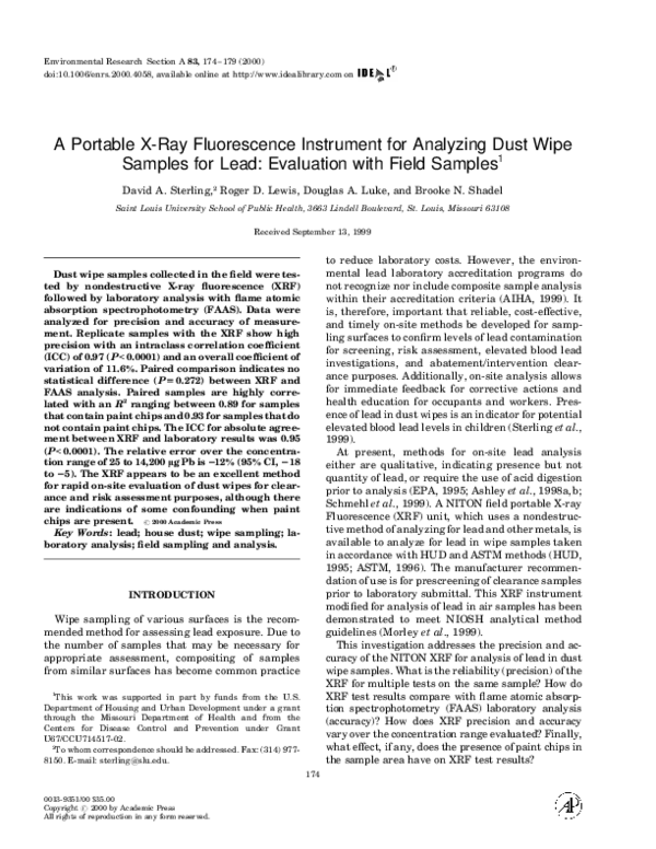 (PDF) A Portable XRay Fluorescence Instrument for Analyzing Dust Wipe
