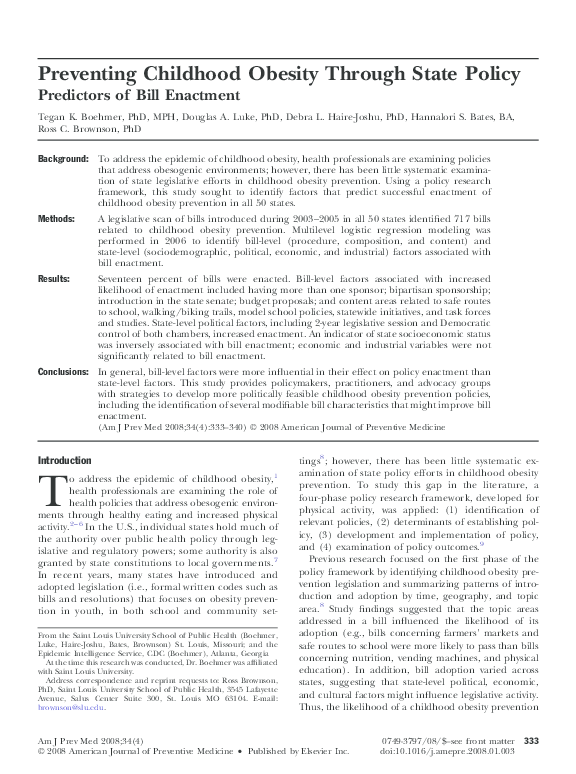 (PDF) Preventing Childhood Obesity Through State Policy