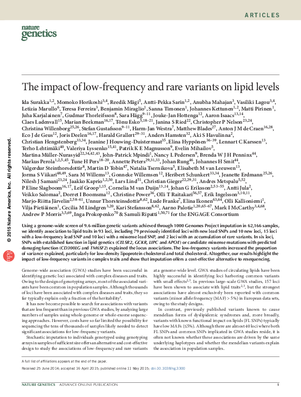 (PDF) The impact of low-frequency and rare variants on lipid levels