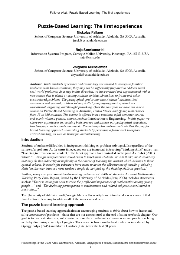 (PDF) Puzzlebased learning The first experiences Nickolas Falkner