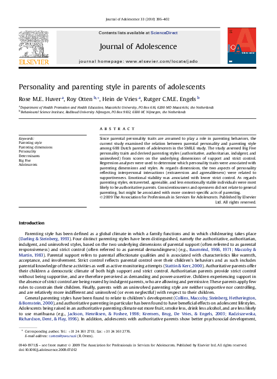 (PDF) Personality and parenting style in parents of adolescents