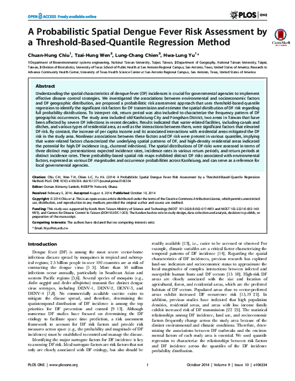 (PDF) A Probabilistic Spatial Dengue Fever Risk Assessment by a ...