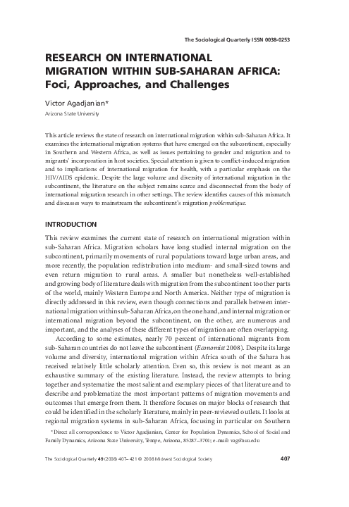 (PDF) RESEARCH ON INTERNATIONAL MIGRATION WITHIN SUB-SAHARAN AFRICA ...