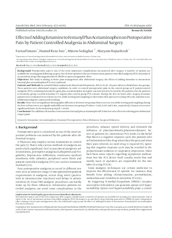 (PDF) Effects of Adding Ketamine to Fentanyl Plus Acetaminophen on