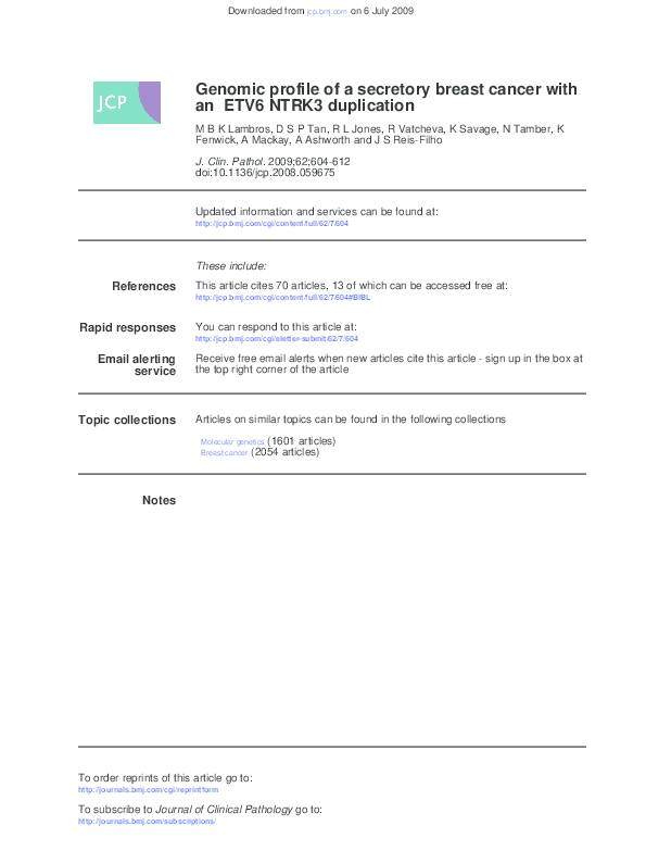 (PDF) Genomic profile of a secretory breast cancer with an ETV6-NTRK3 ...
