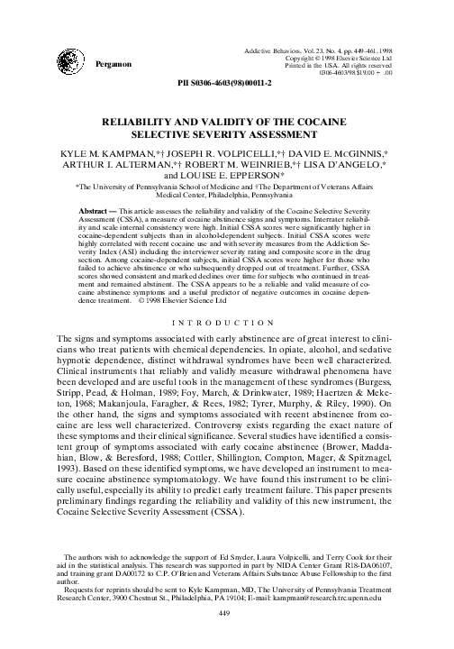 (PDF) Reliability and validity of the cocaine selective severity assessment
