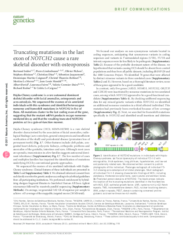 (PDF) Truncating mutations in the last exon of NOTCH2 cause a rare