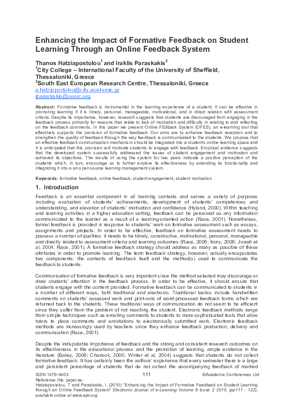 (PDF) Enhancing the Impact of Formative Feedback on Student Learning ...