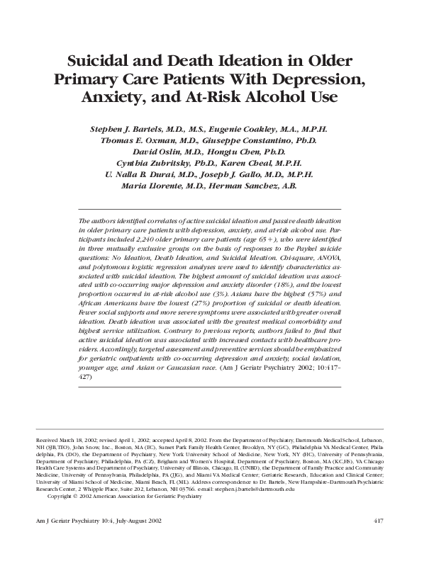 (PDF) Suicidal and death ideation in older primary care patients with ...
