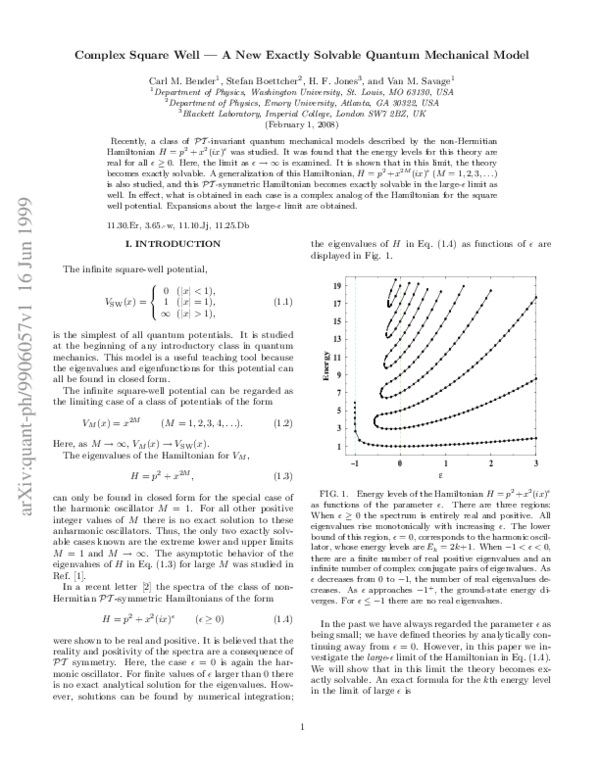 (PDF) Complex square well - a new exactly solvable quantum mechanical model